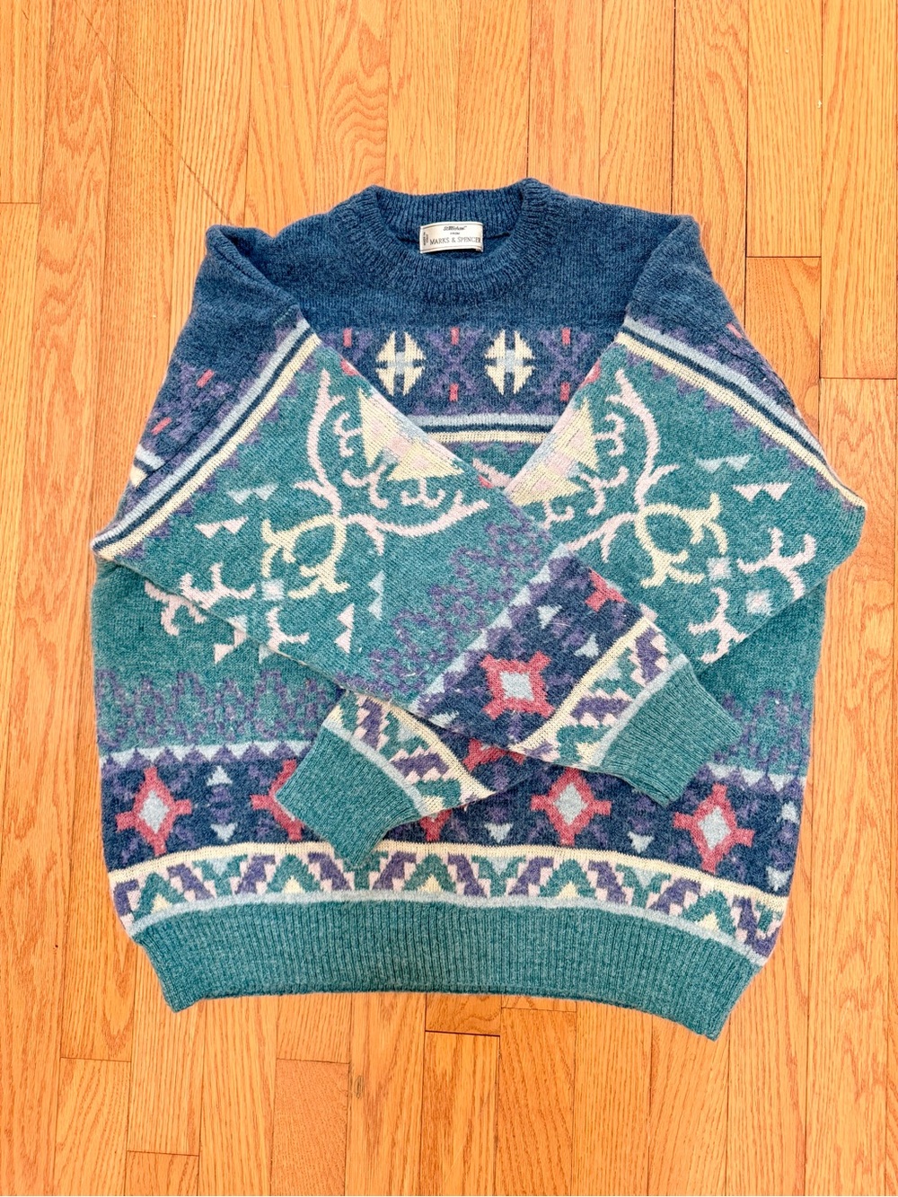 Vintage 90s Marks & Spencer Teal Patterned Crewneck Sweater with Navy Accents